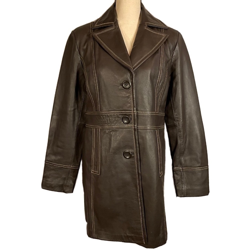 a.n.a 100% Brown Leather Medium Length Button Up Collared Coat Size M